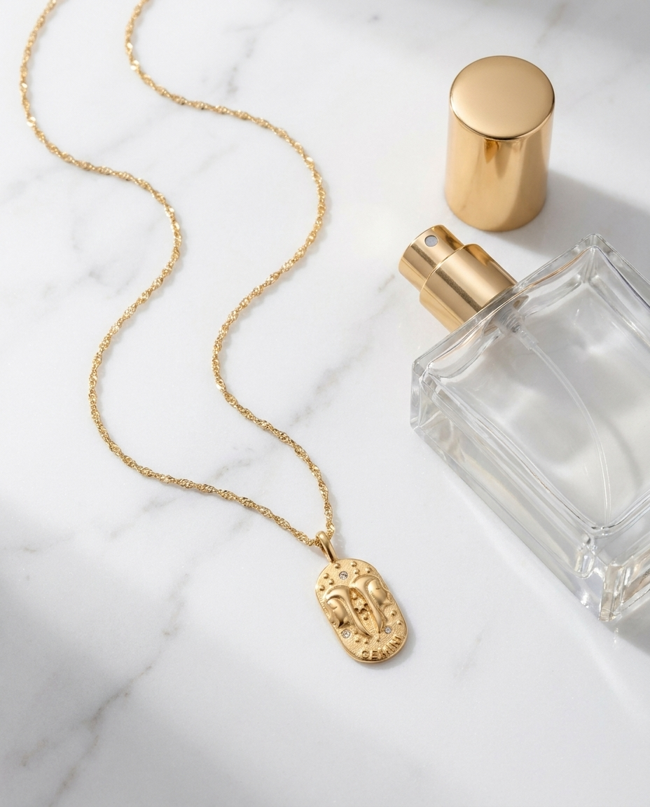 Gold zodiac Gemini pendant necklace flatlay, marble