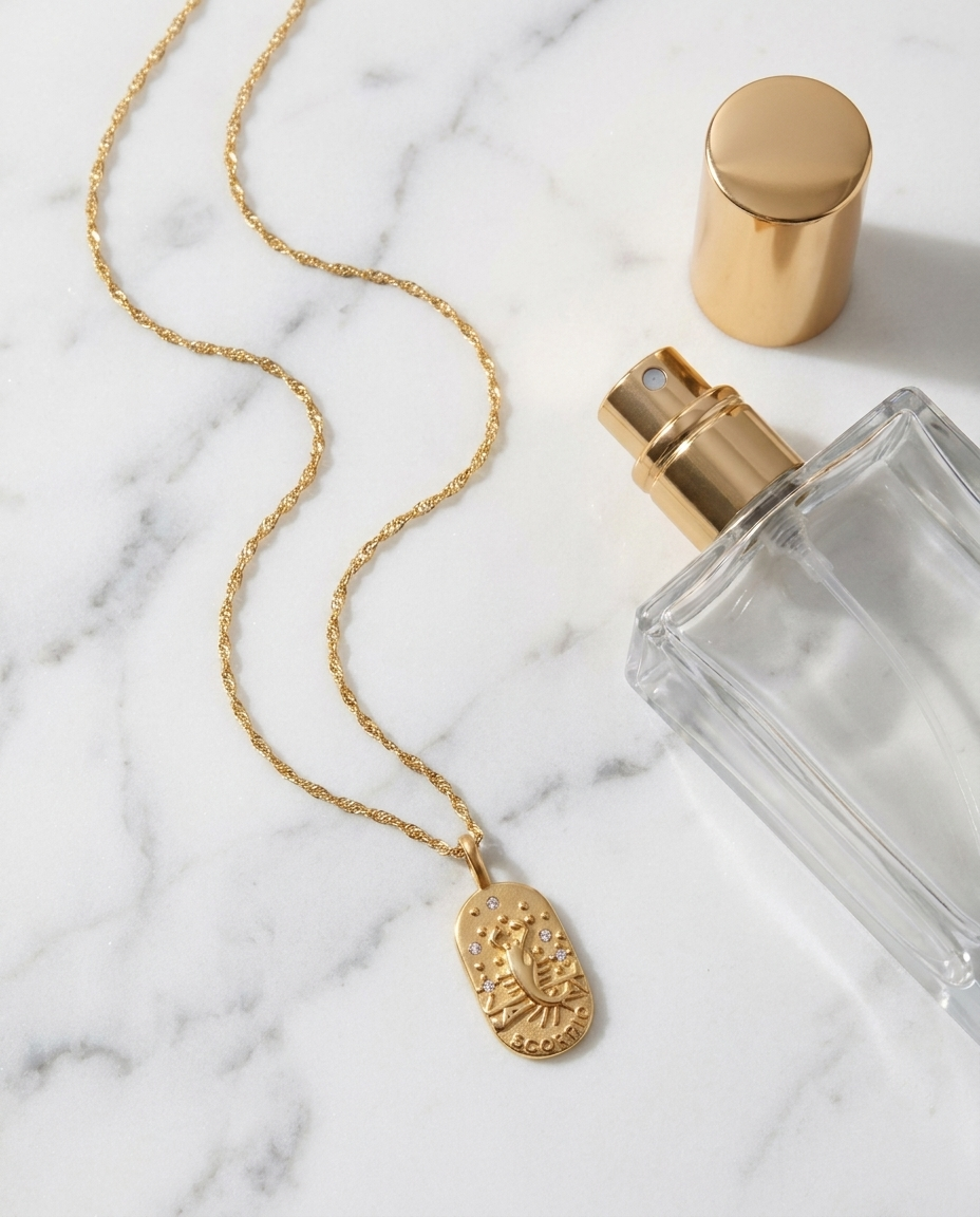Gold zodiac Scorpio pendant necklace flatlay, marble