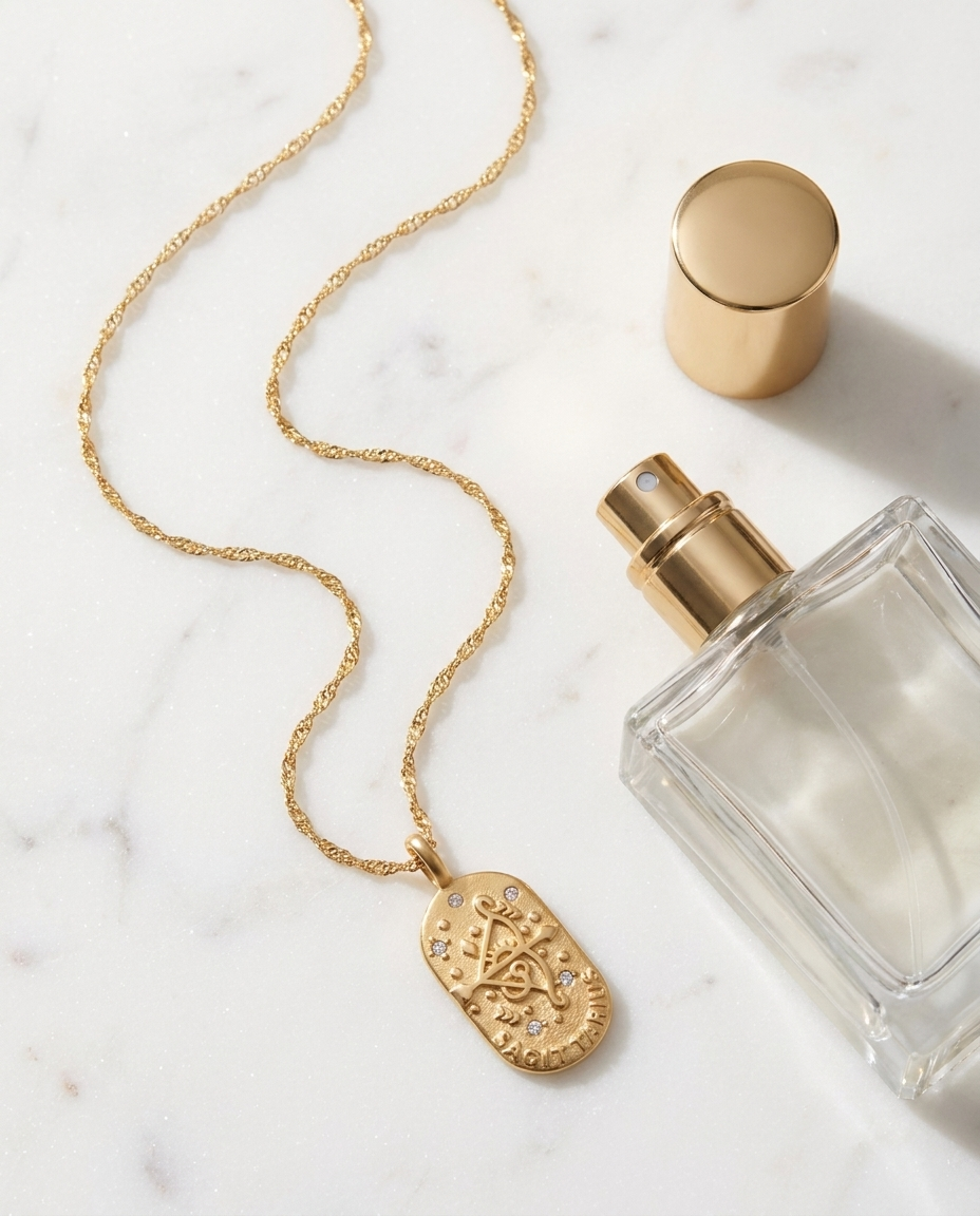 Gold zodiac Sagittarius pendant necklace flatlay, marble