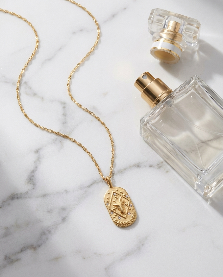 Gold zodiac Capricorn pendant necklace flatlay, marble