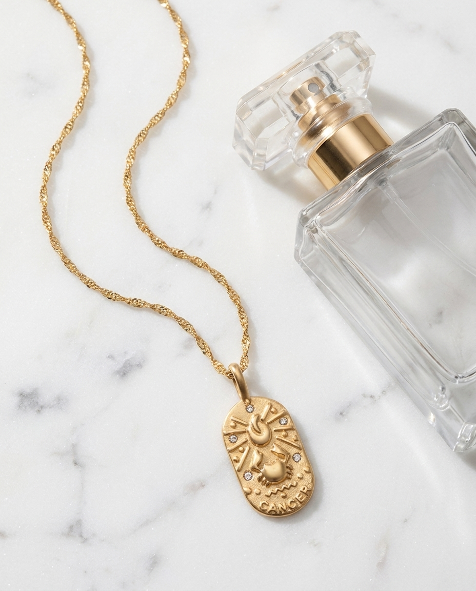 Gold zodiac Cancer pendant necklace flatlay, marble
