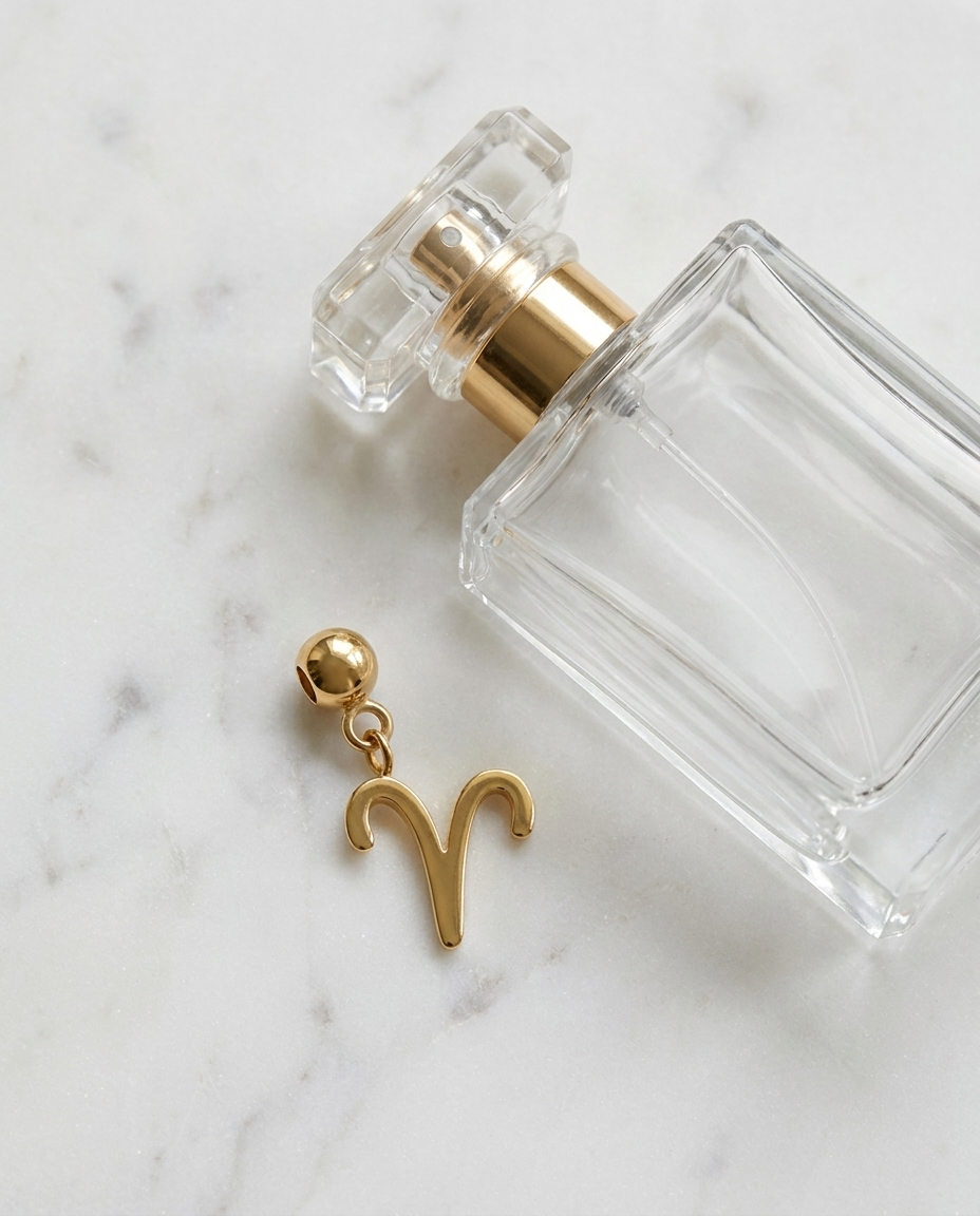Gold zodiac Aries charm flatlay, marble