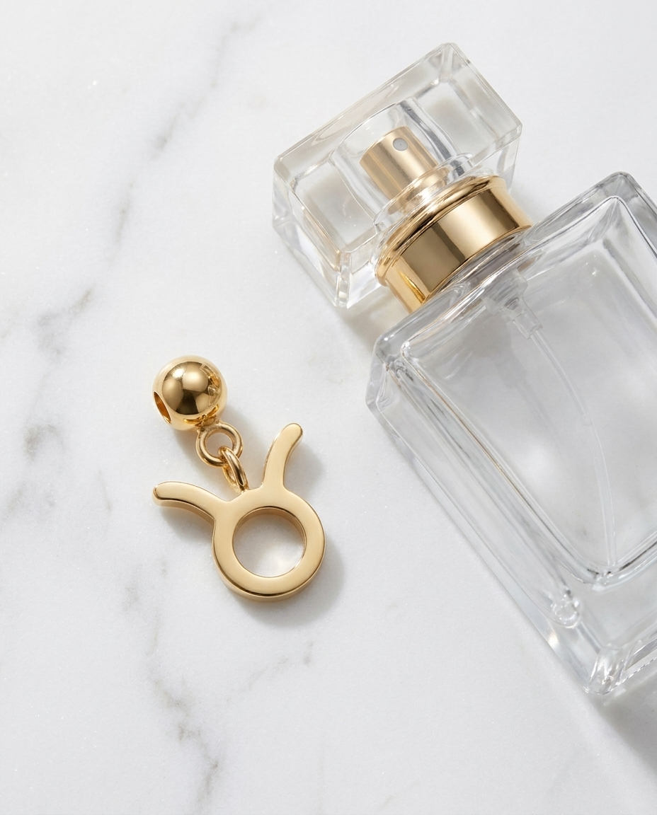 Gold zodiac Taurus charm flatlay, marble
