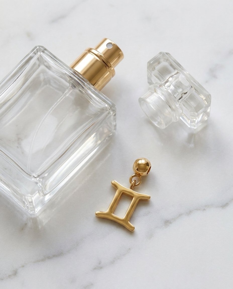 Gold zodiac Gemini charm flatlay, marble