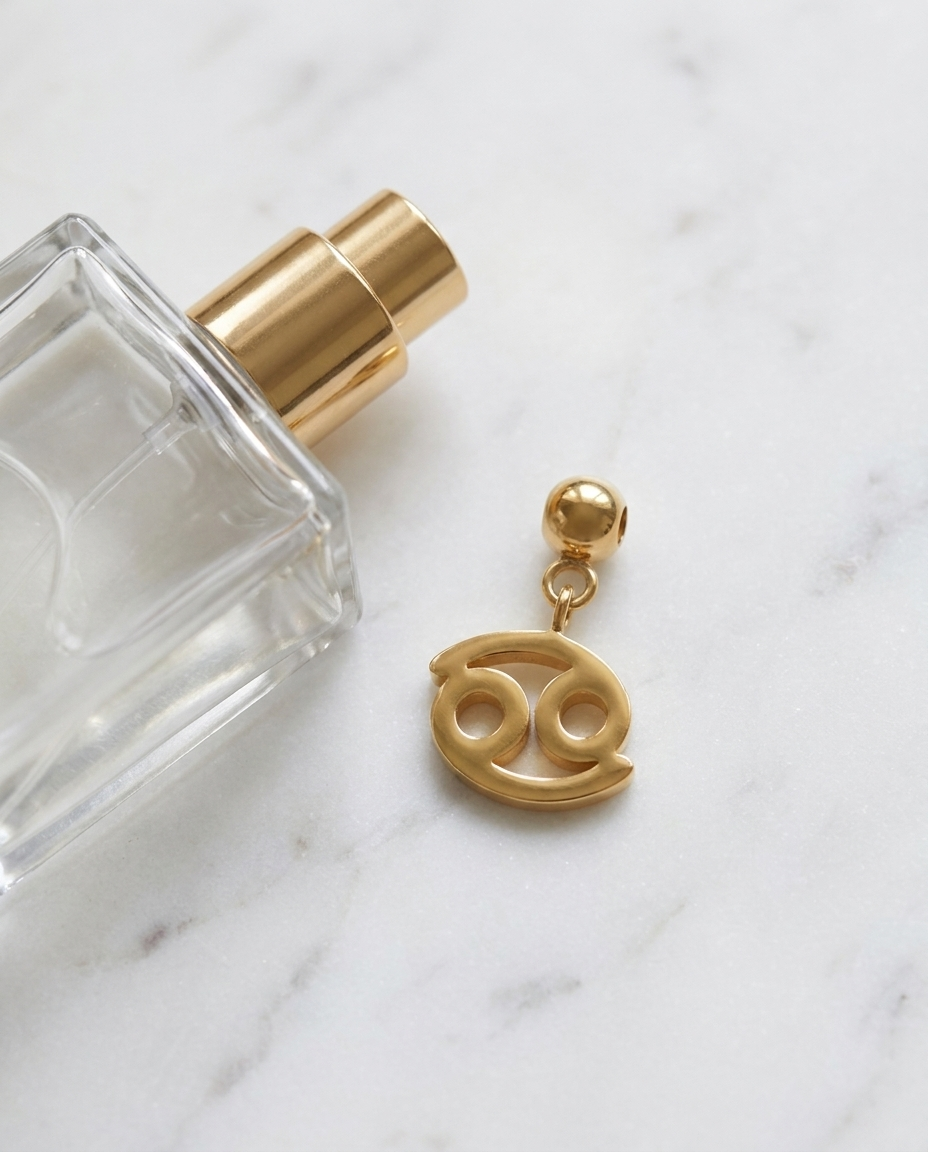 Gold zodiac Cancer charm flatlay, marble