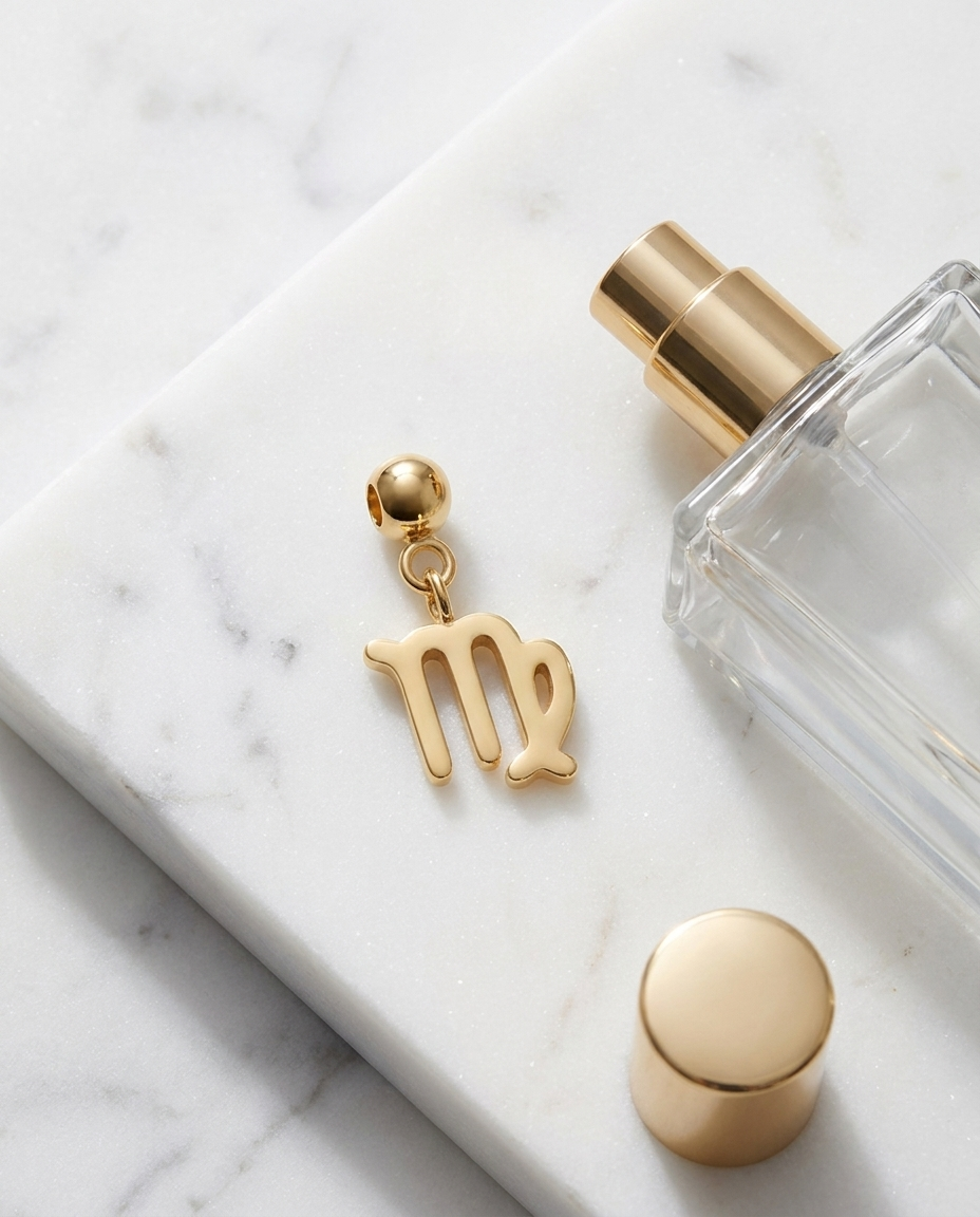 Gold zodiac Virgo charm flatlay, marble