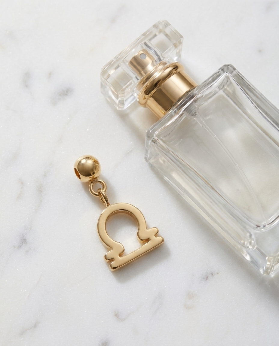 Gold zodiac Libra charm flatlay, marble
