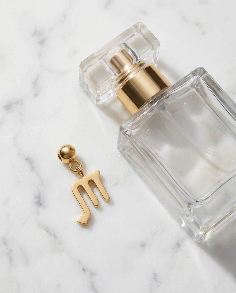 Gold zodiac Scorpio charm flatlay, marble