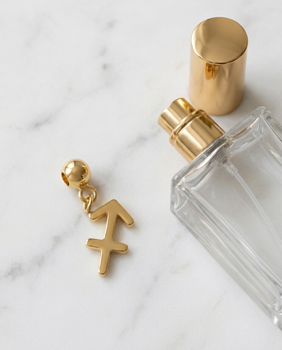 Gold zodiac Sagittarius charm flatlay, marble