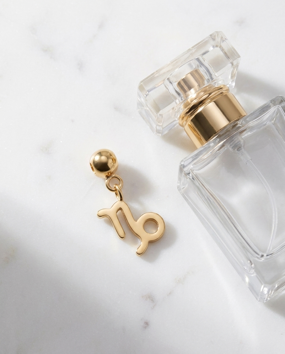 Gold zodiac Capricorn charm flatlay, marble