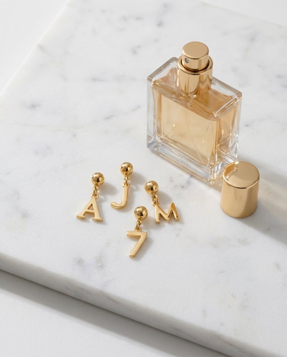 Gold initial and number charms flatlay, marble