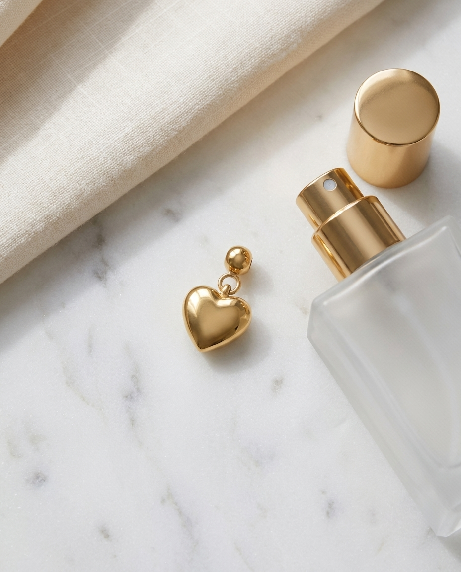 Gold heart charm flatlay, marble