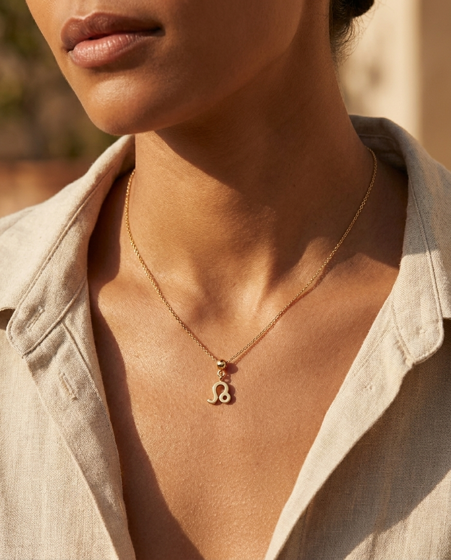 Leo gold zodiac charm on a fine gold chain necklace, worn