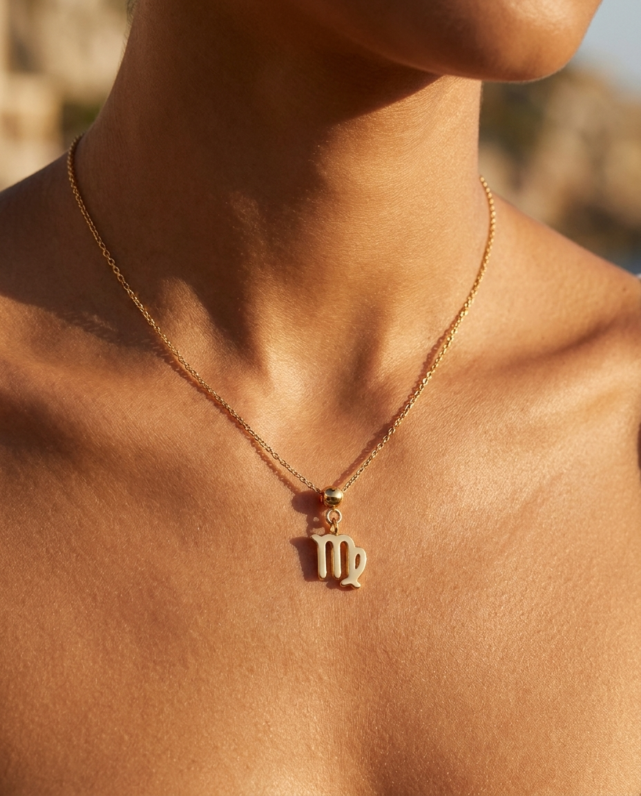 Virgo gold zodiac charm on a fine gold chain necklace, worn