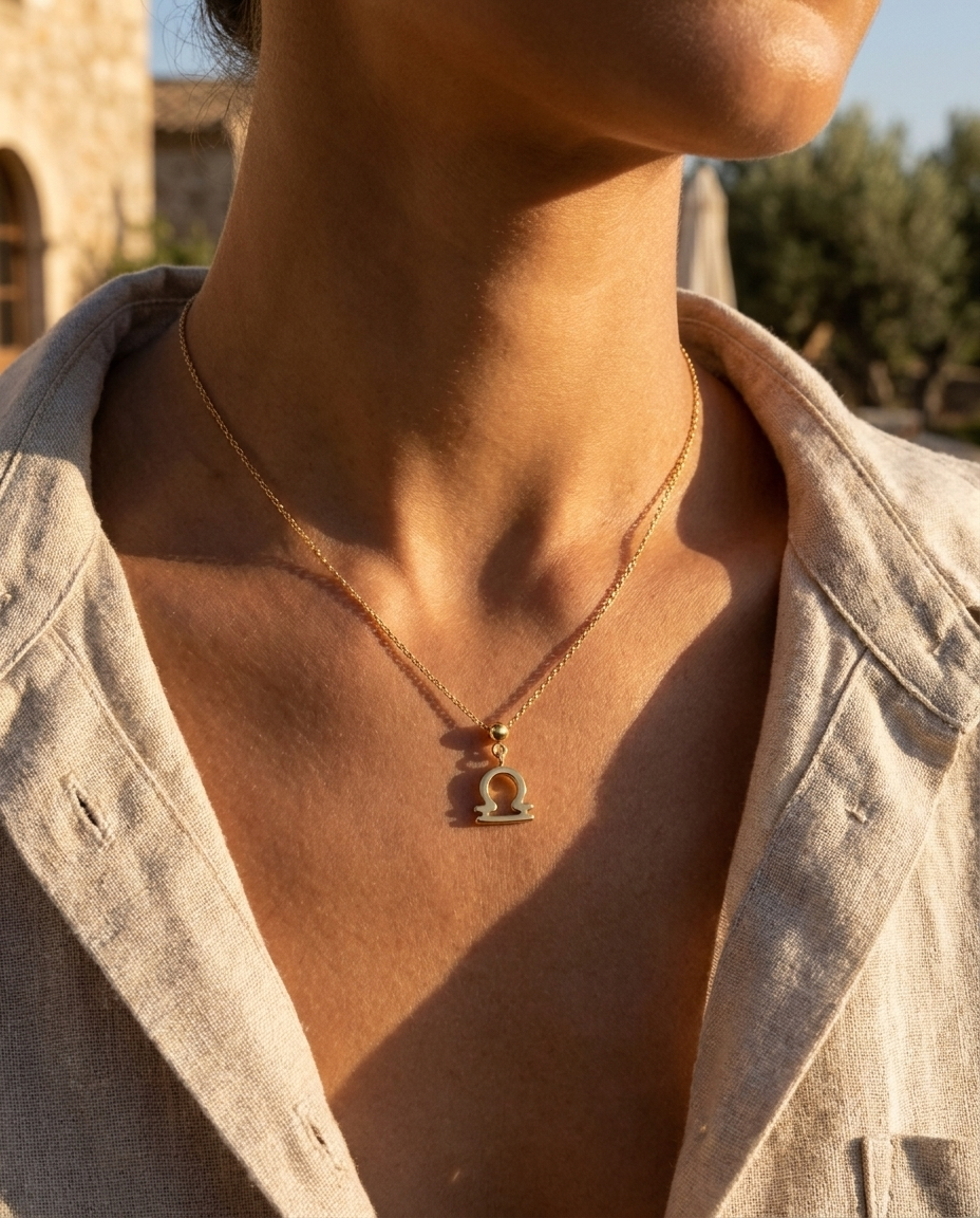 Libra gold zodiac charm on a fine gold chain necklace, worn