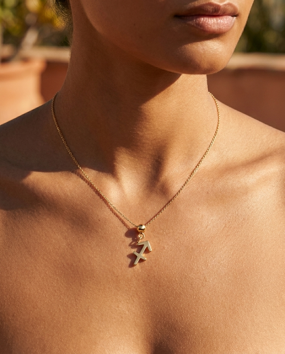 Sagittarius gold zodiac charm on a fine gold chain necklace, worn