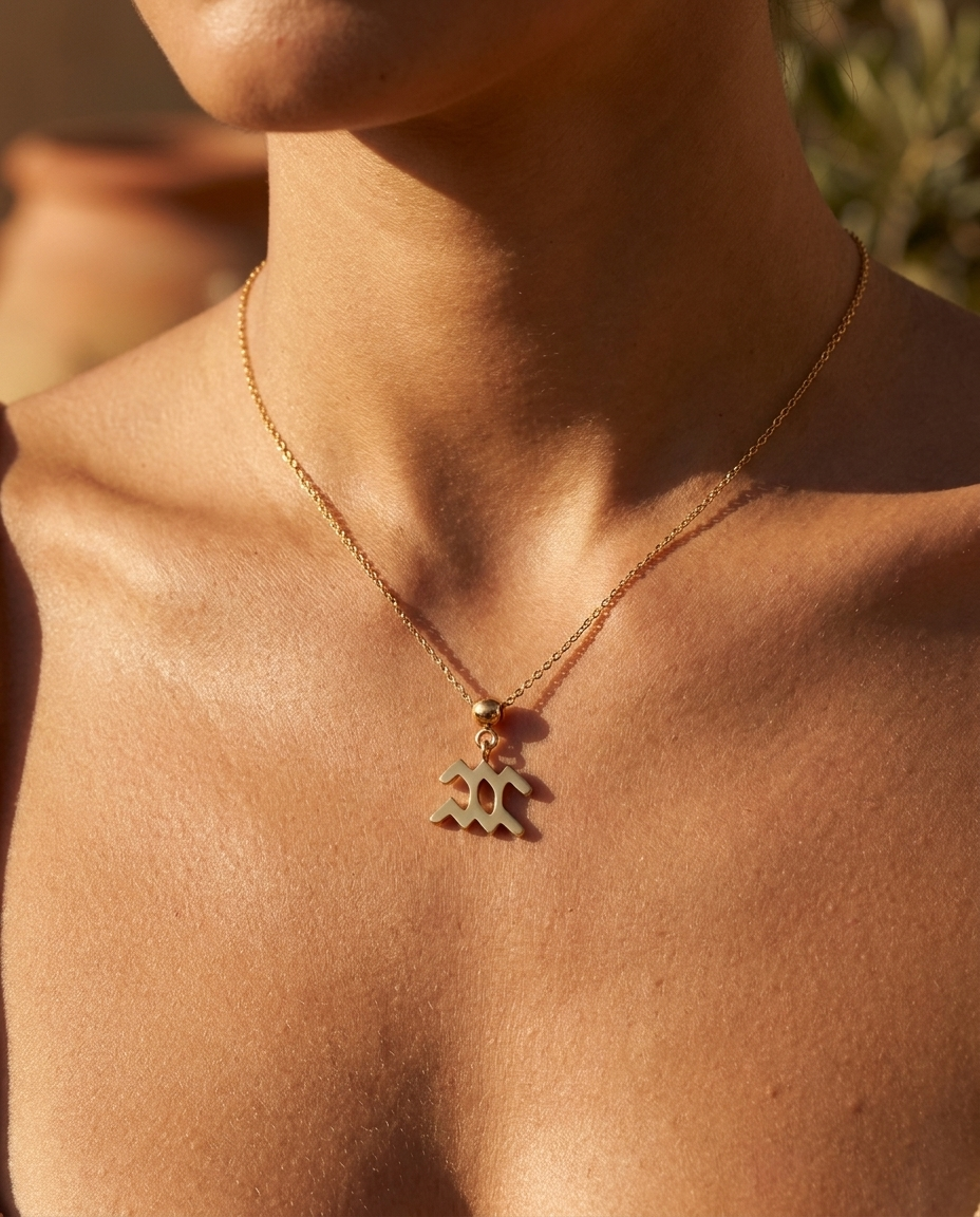 Aquarius gold zodiac charm on a fine gold chain necklace, worn