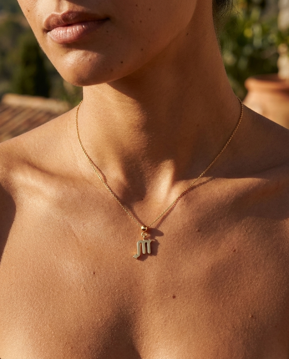 Scorpio gold zodiac charm on a fine gold chain necklace, worn