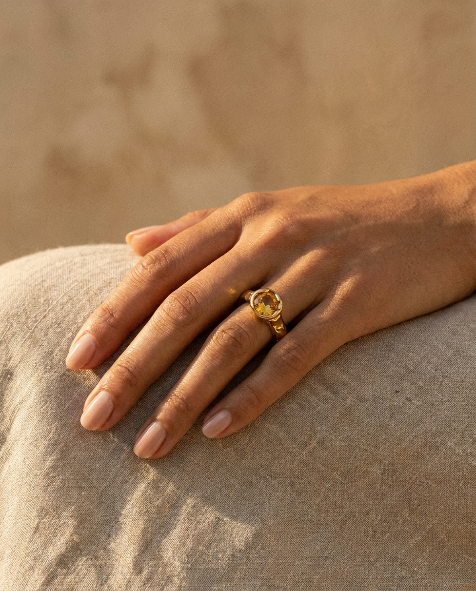 Soleia Citrine Ring worn on hand, warm editorial