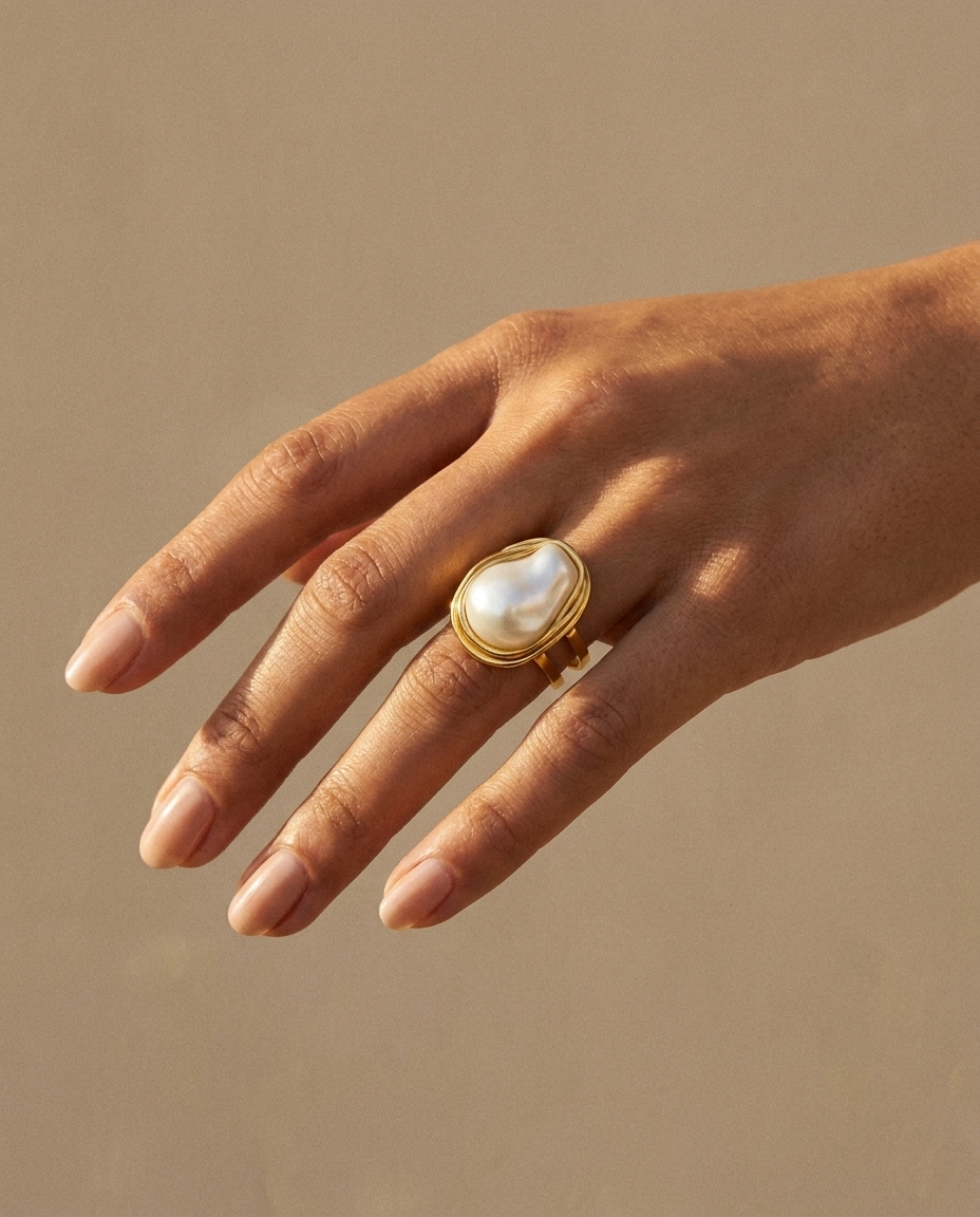 Camelia Gold Pearl Ring worn on hand