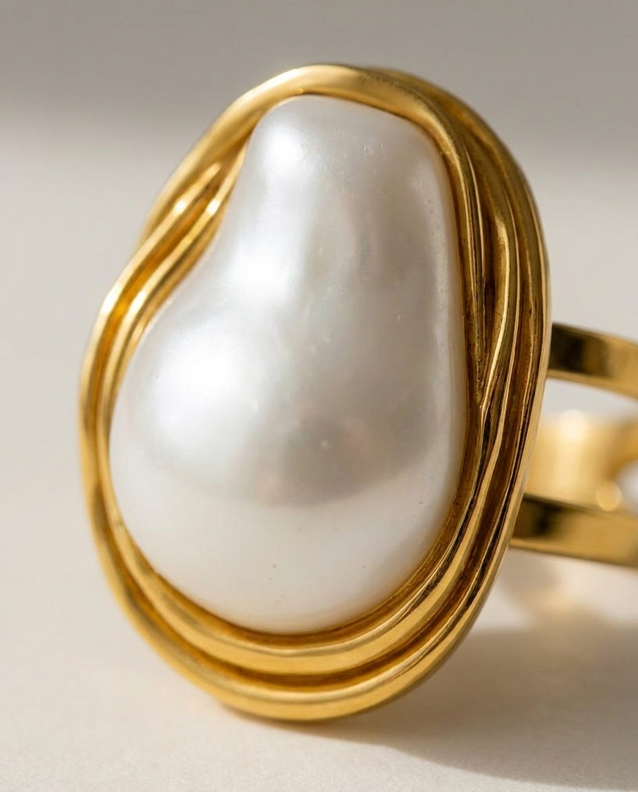 Camelia Gold Pearl Ring macro detail