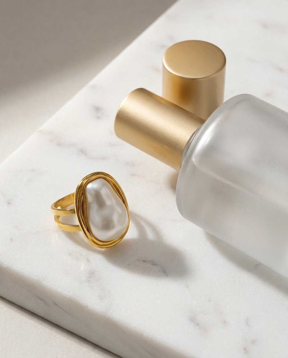 Camelia Gold Pearl Ring flatlay on marble