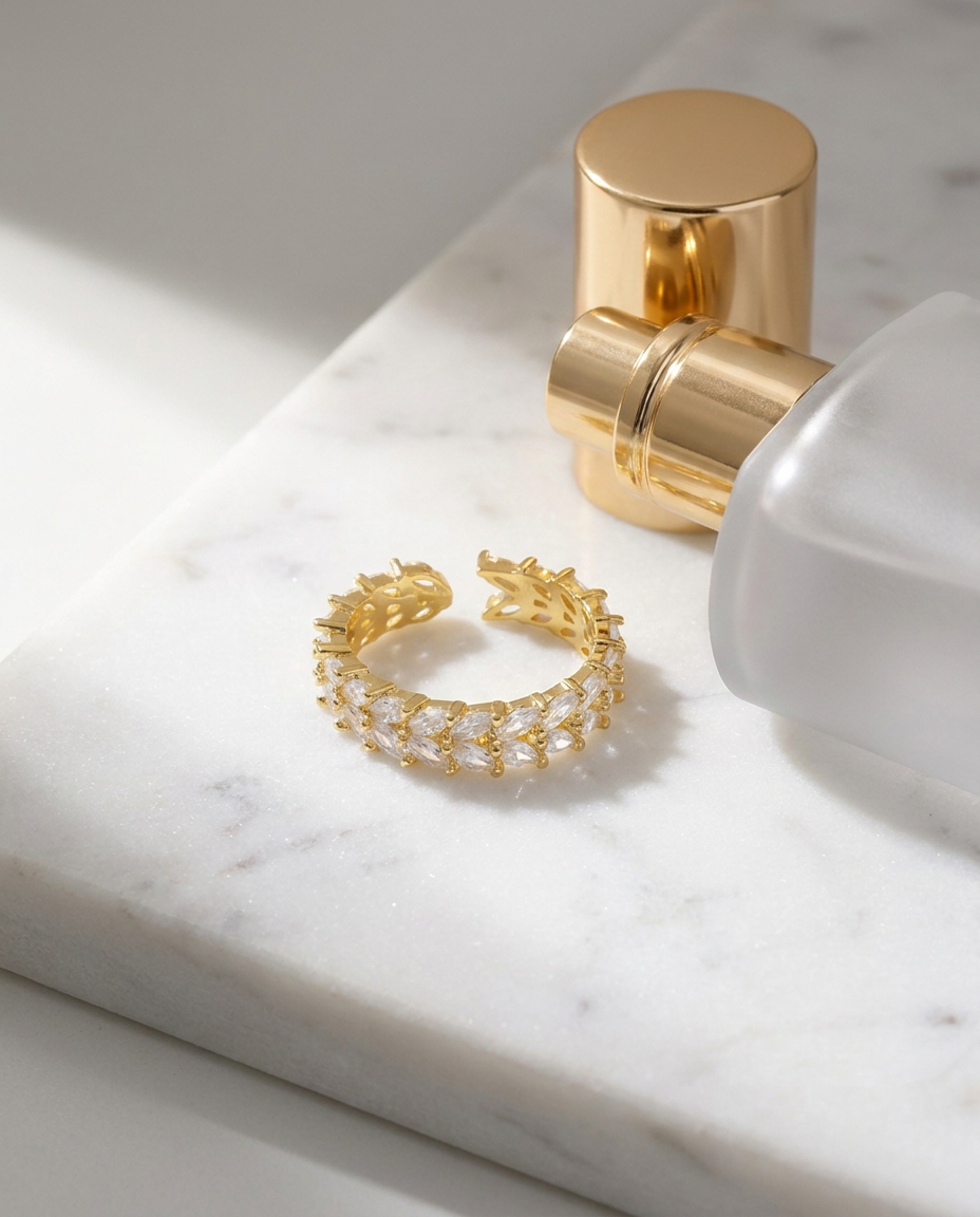 Adjustable Sparkle Band Ring marble flatlay