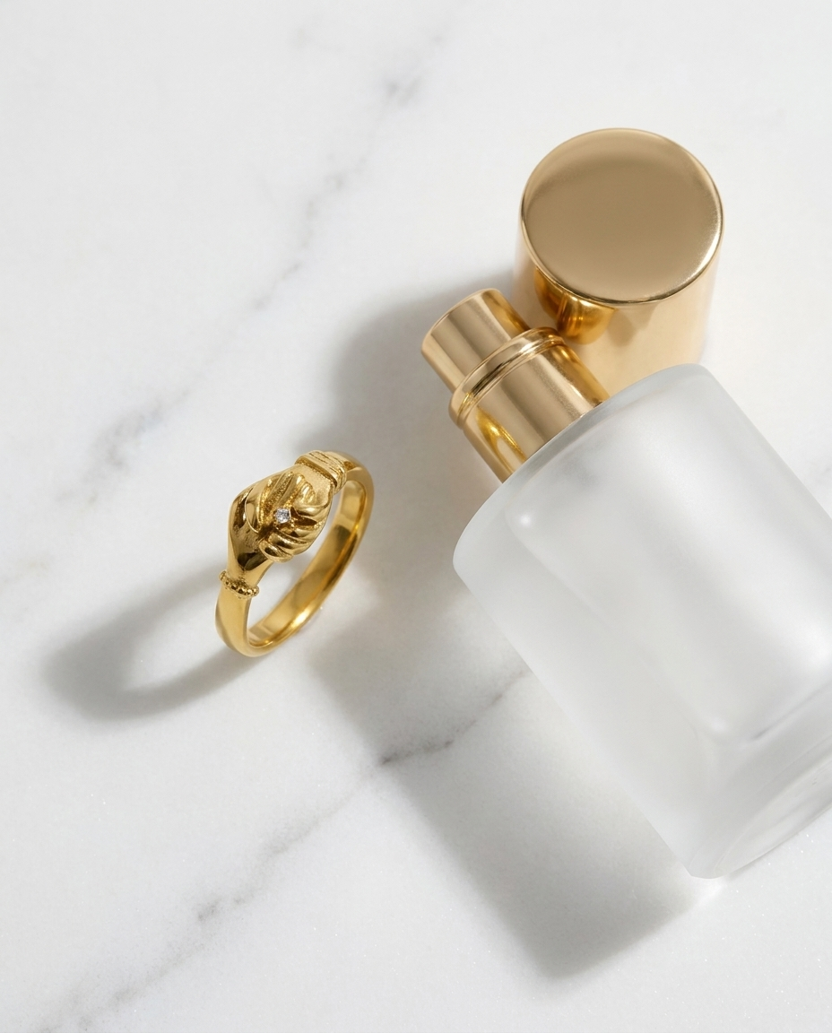 Gold Handshake Ring marble flatlay