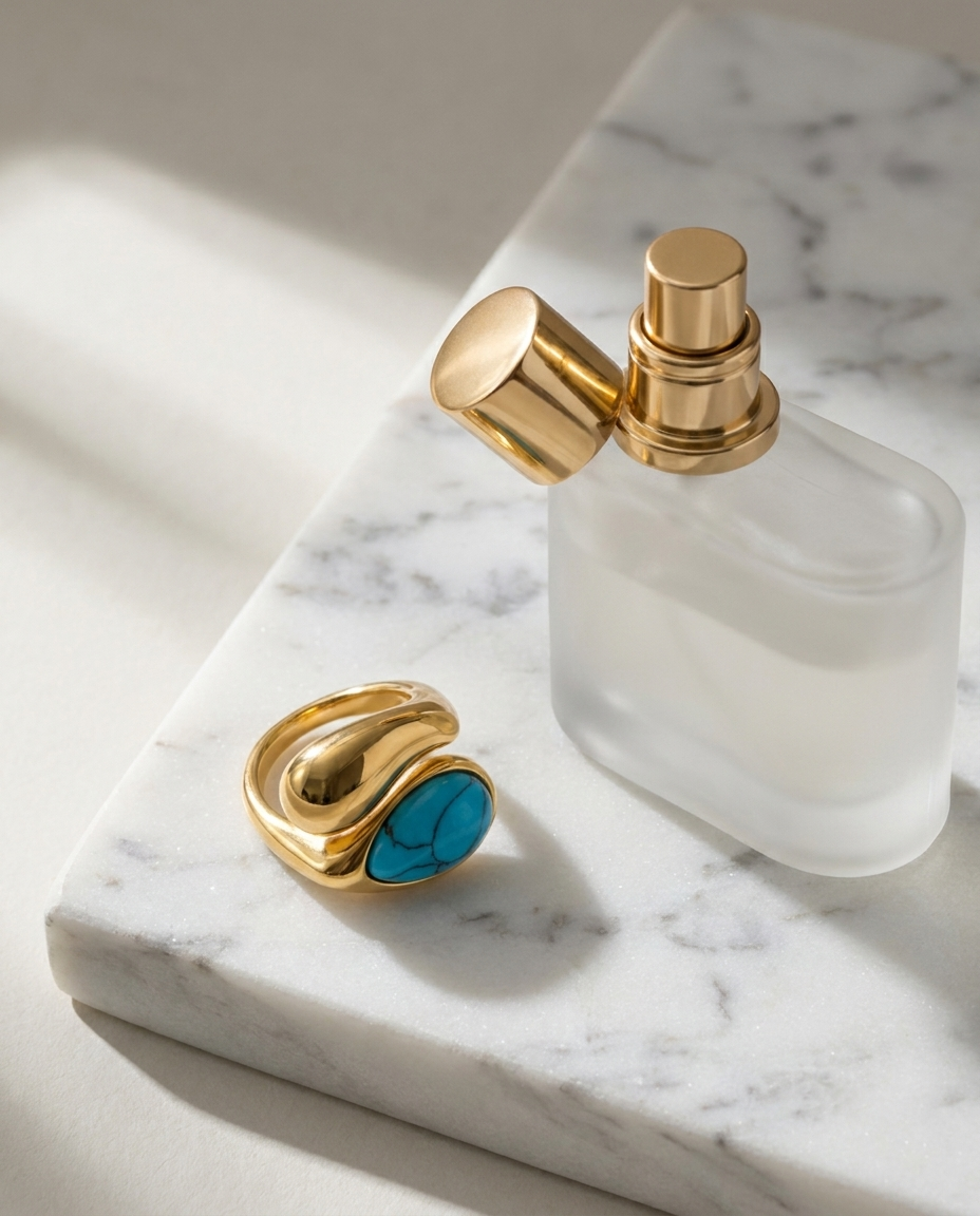 Turquoise Curve Ring marble flatlay