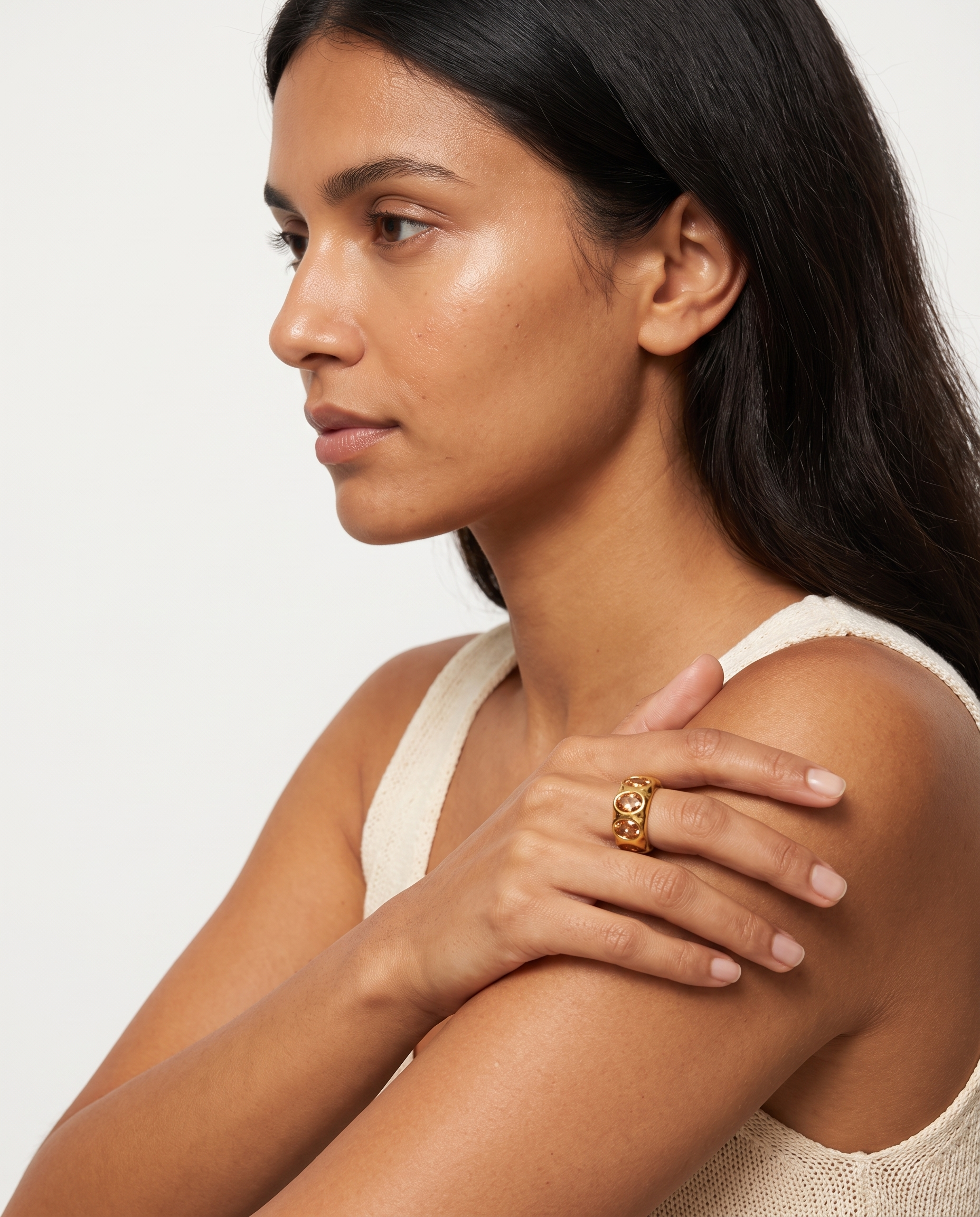 Clemence gold champagne zircon ring worn on model