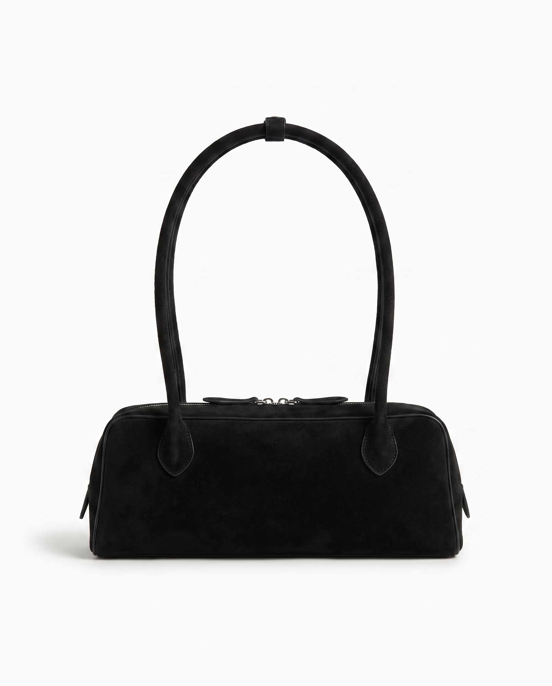 Salome suede baguette shoulder bag in black on off white background