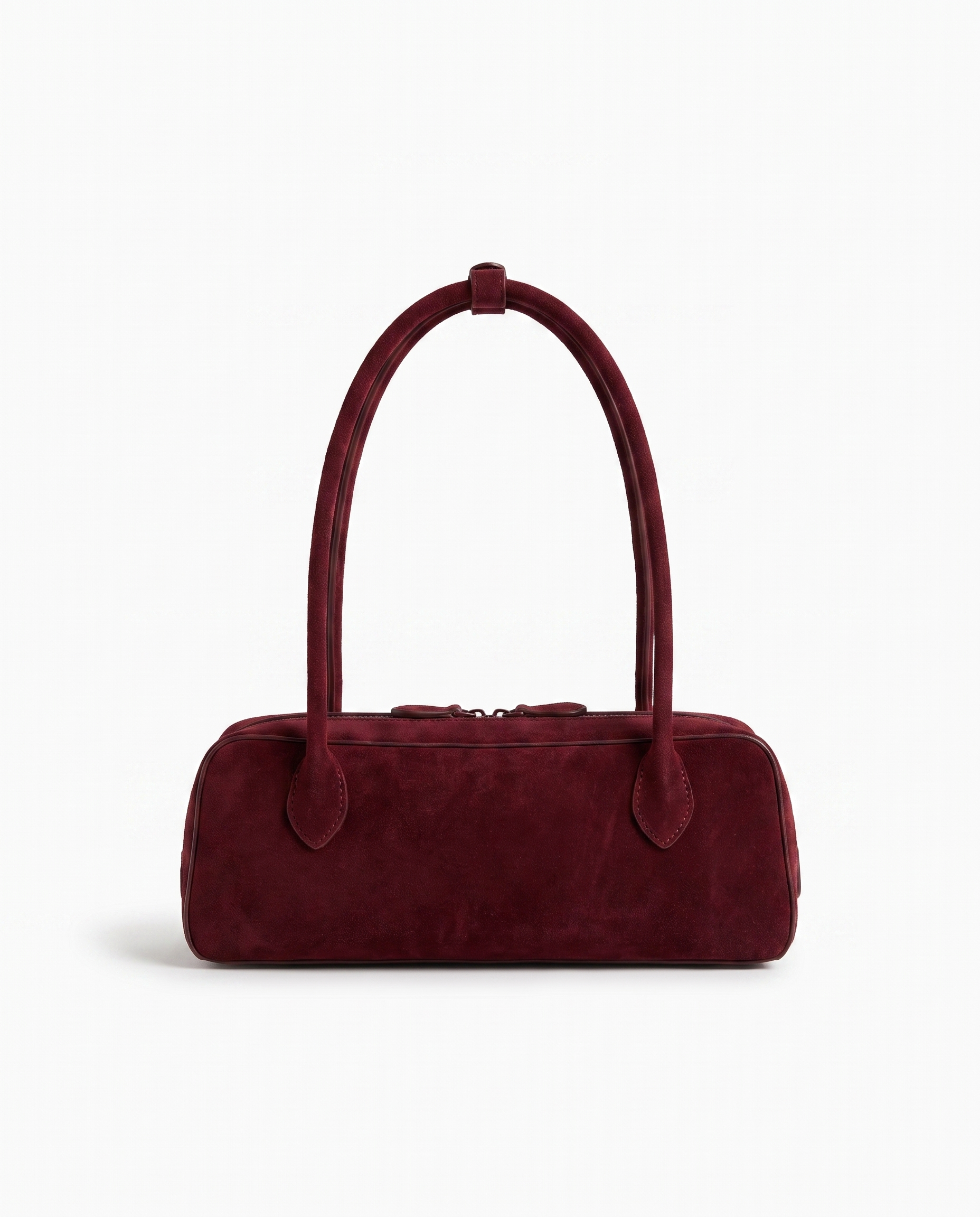 Salome suede baguette shoulder bag in burgundy on off white background