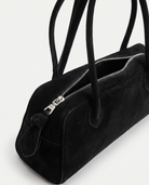 Salome black suede baguette bag zip and tab detail
