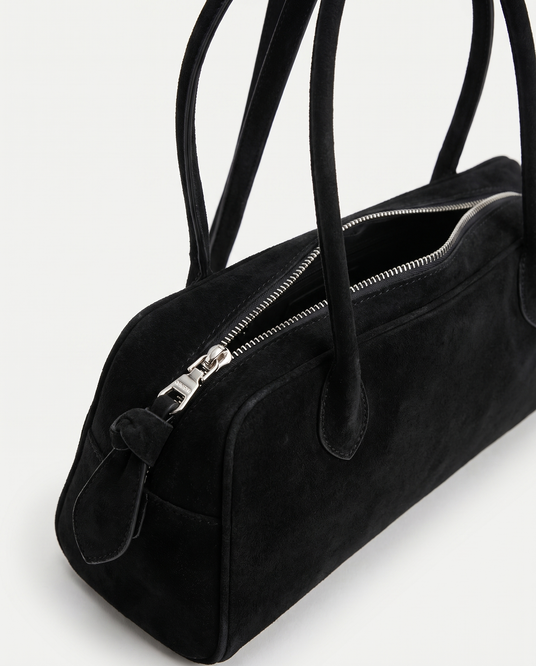 Salome black suede baguette bag zip and tab detail