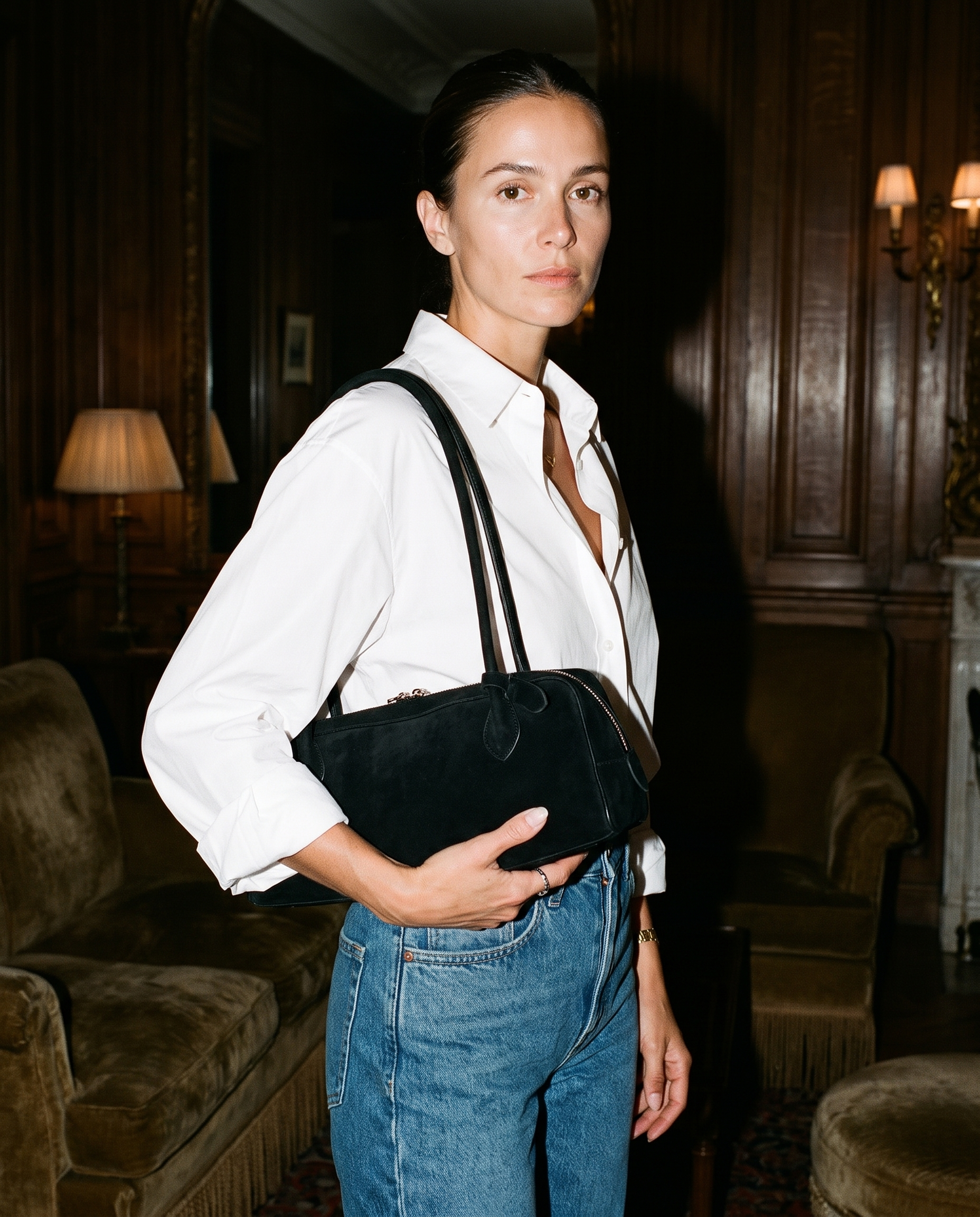 Salome black suede baguette bag editorial flash