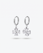 Trefle four leaf clover heart zircon silver hoop earrings pair on off white background