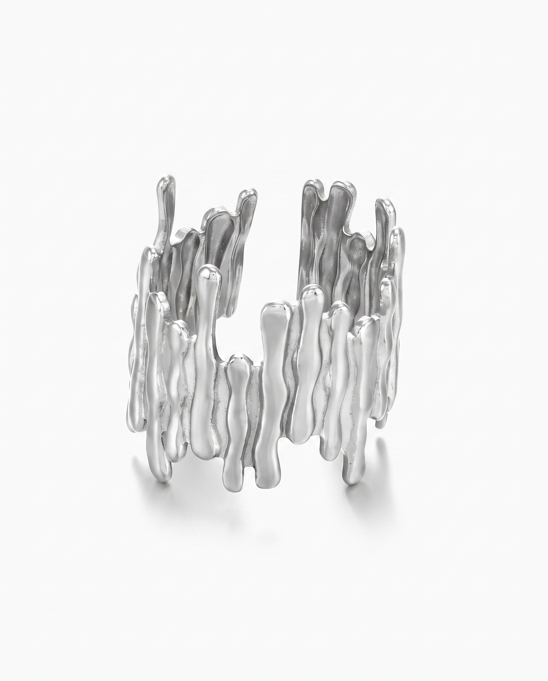 Bouleau bark textured open ring in silver on off white background
