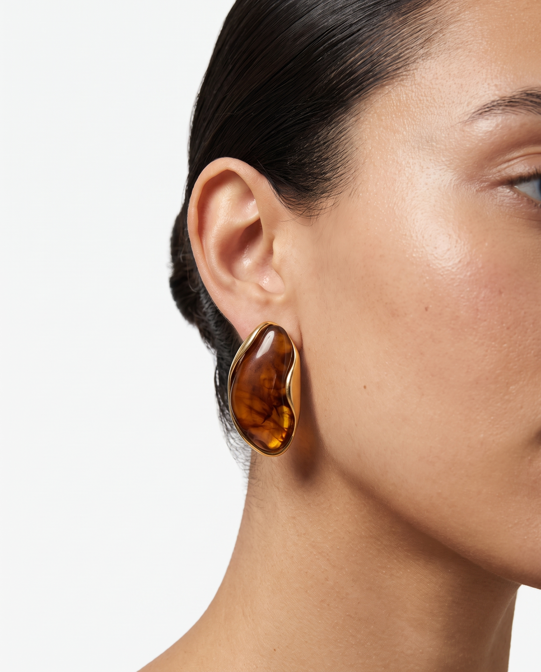 Galet amber pebble studs worn on model