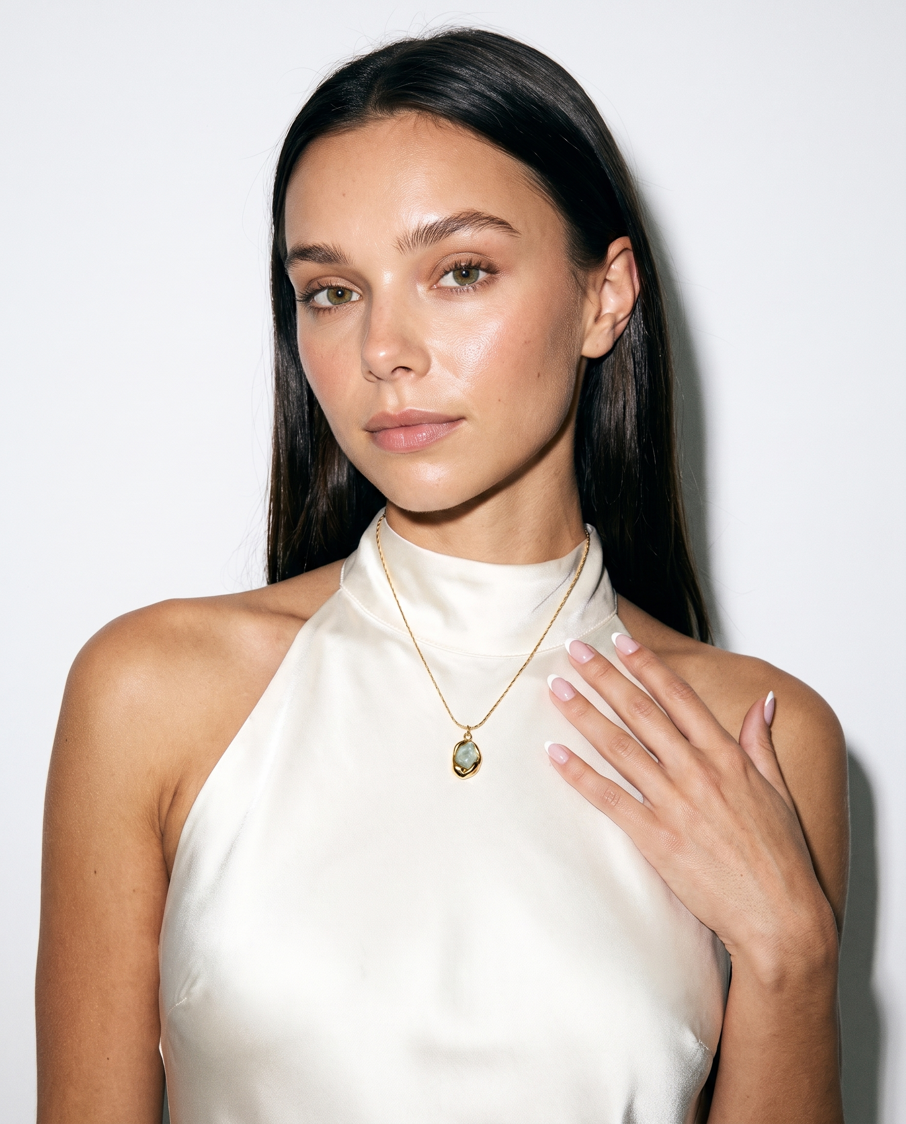 Caillou green stone necklace editorial studio flash