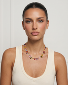 Iris colourful crystal necklace worn on model at the collarbone
