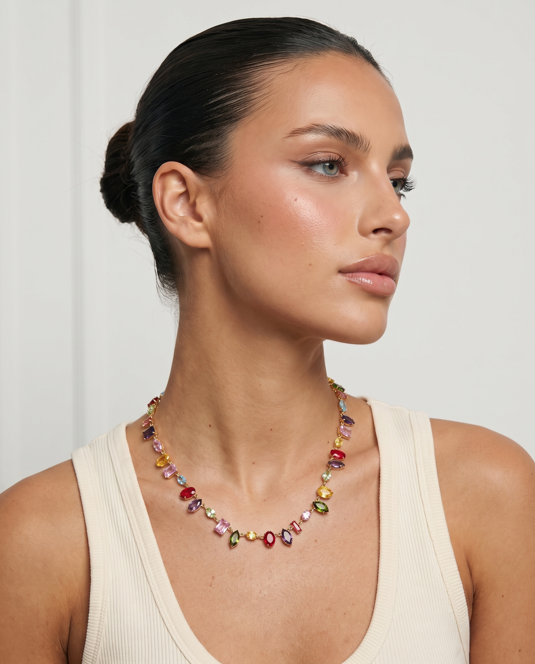 Iris colourful crystal necklace three quarter pose on model