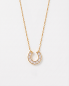 Lucky horseshoe cubic zirconia gold necklace on soft studio background
