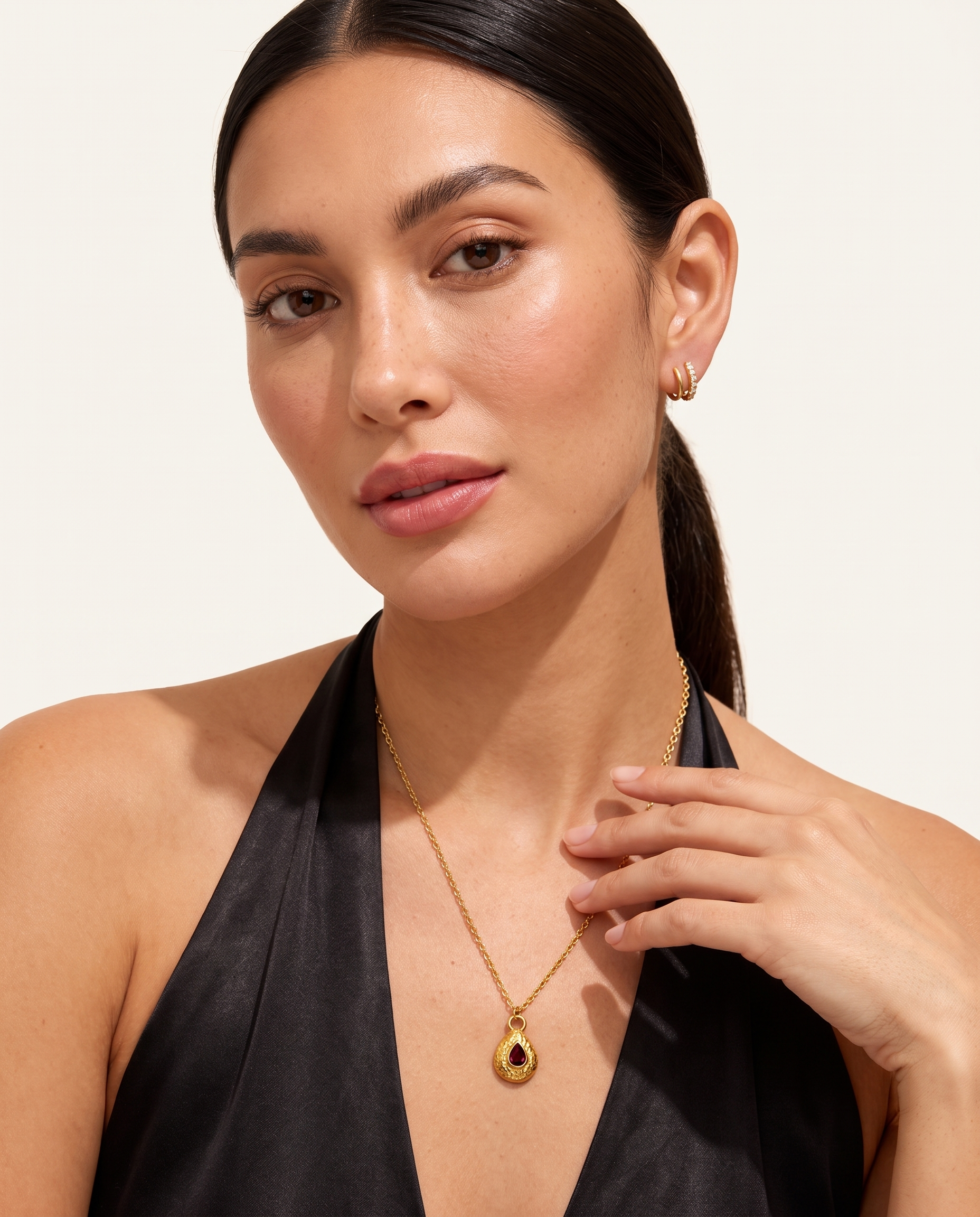 January garnet necklace worn on model second