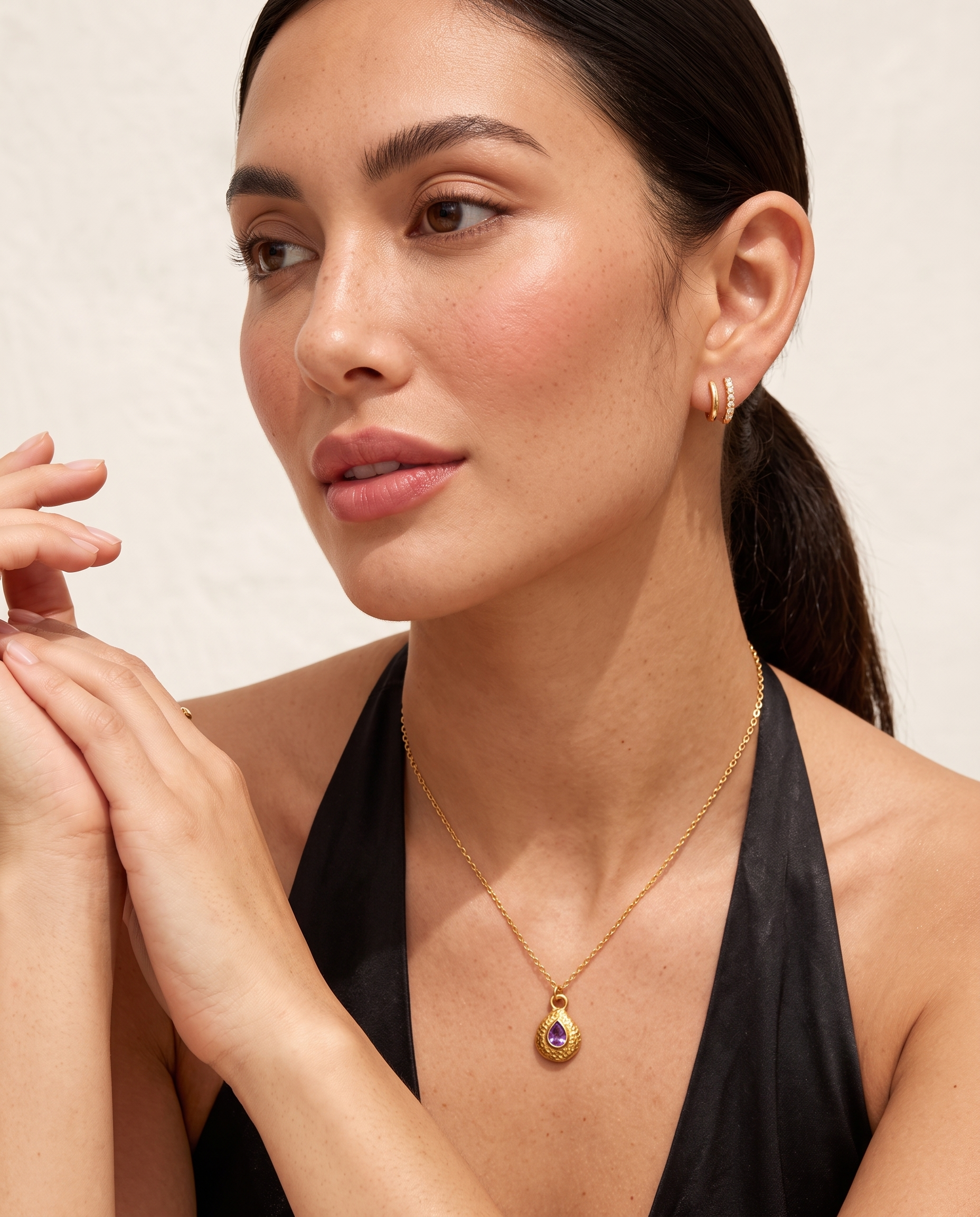 February amethyst necklace worn on model second