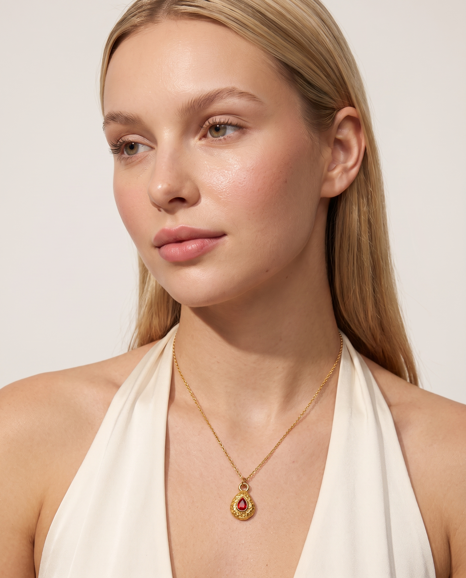 July ruby necklace worn on model