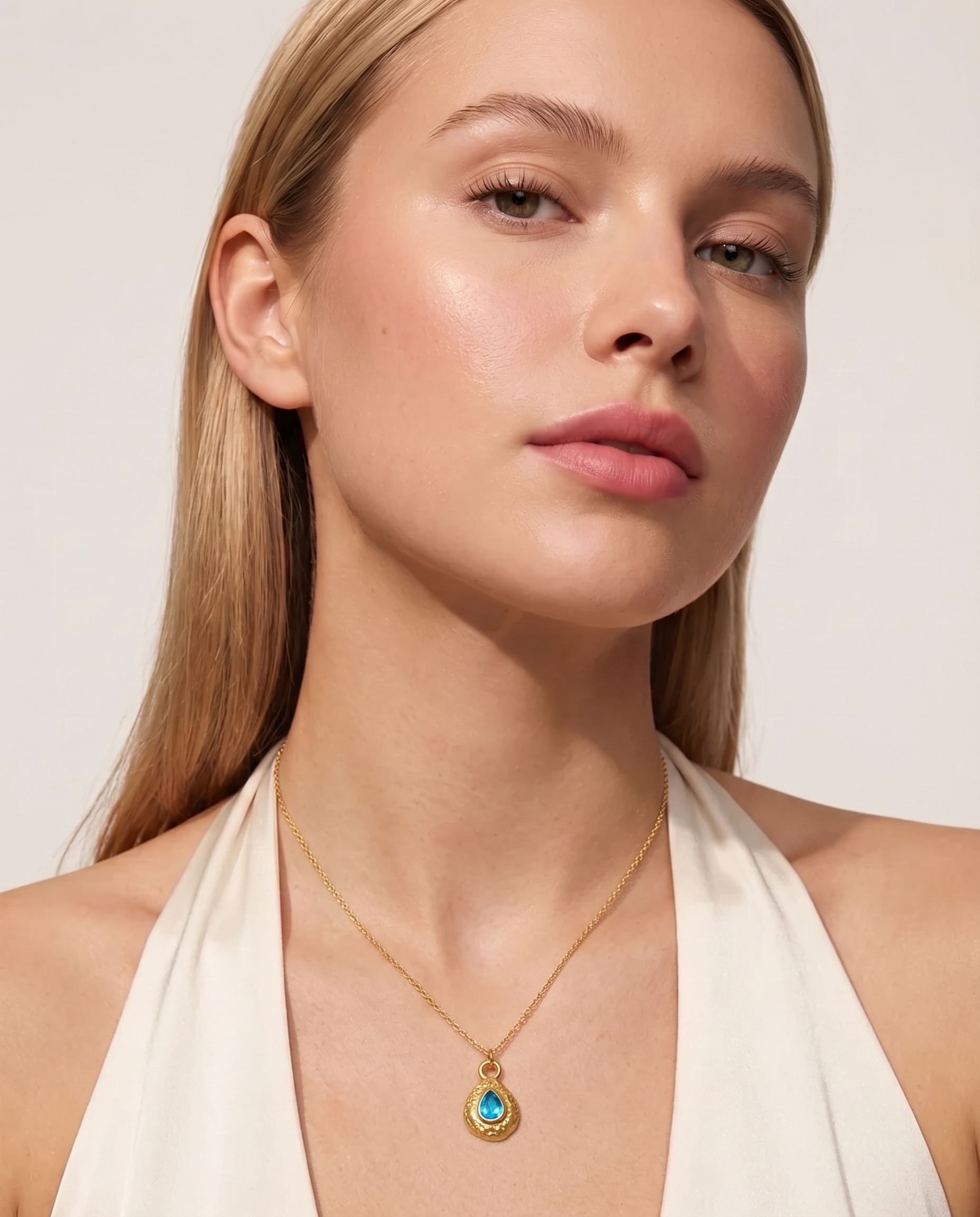 December turquoise necklace worn on model