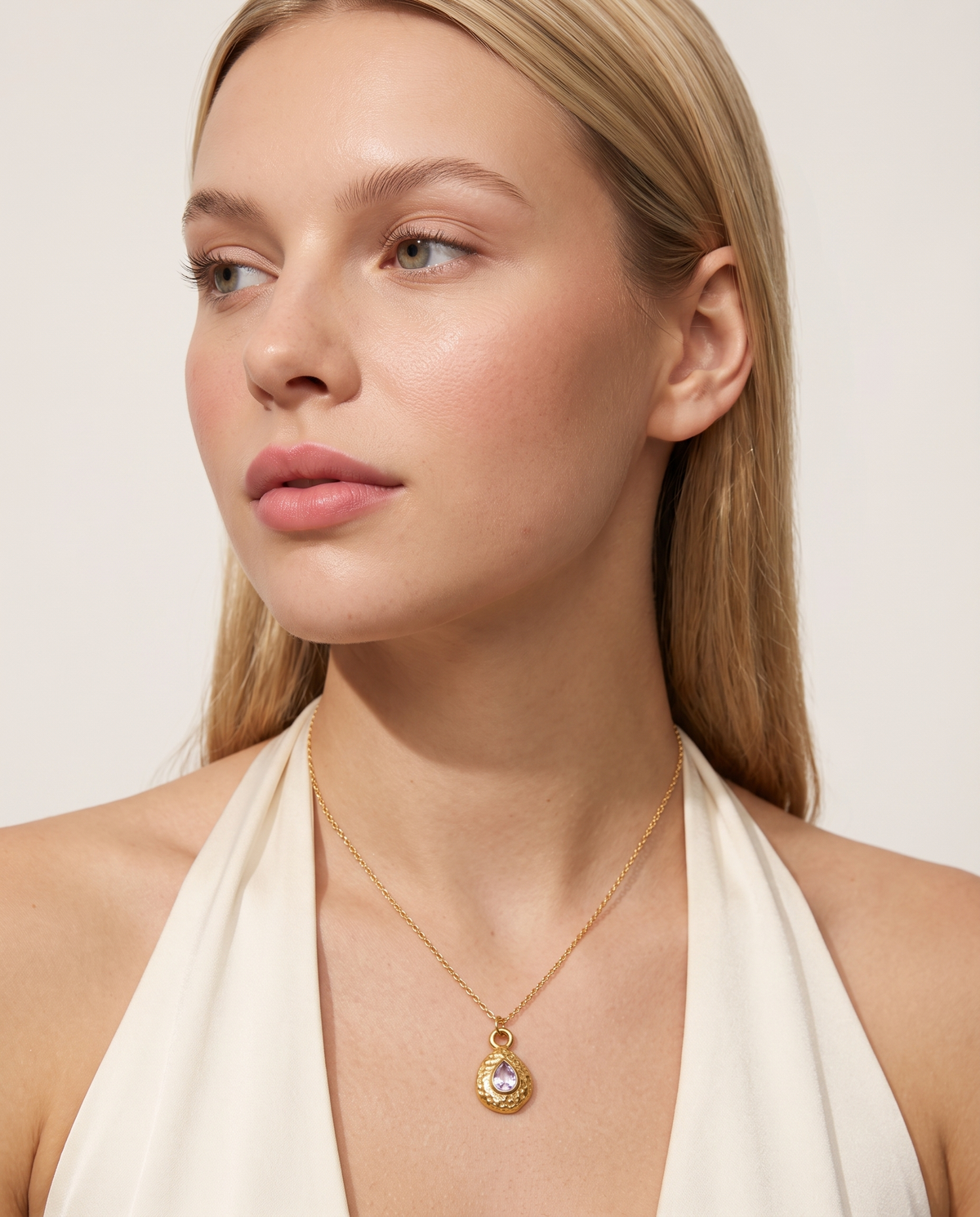 June lavender necklace worn on model