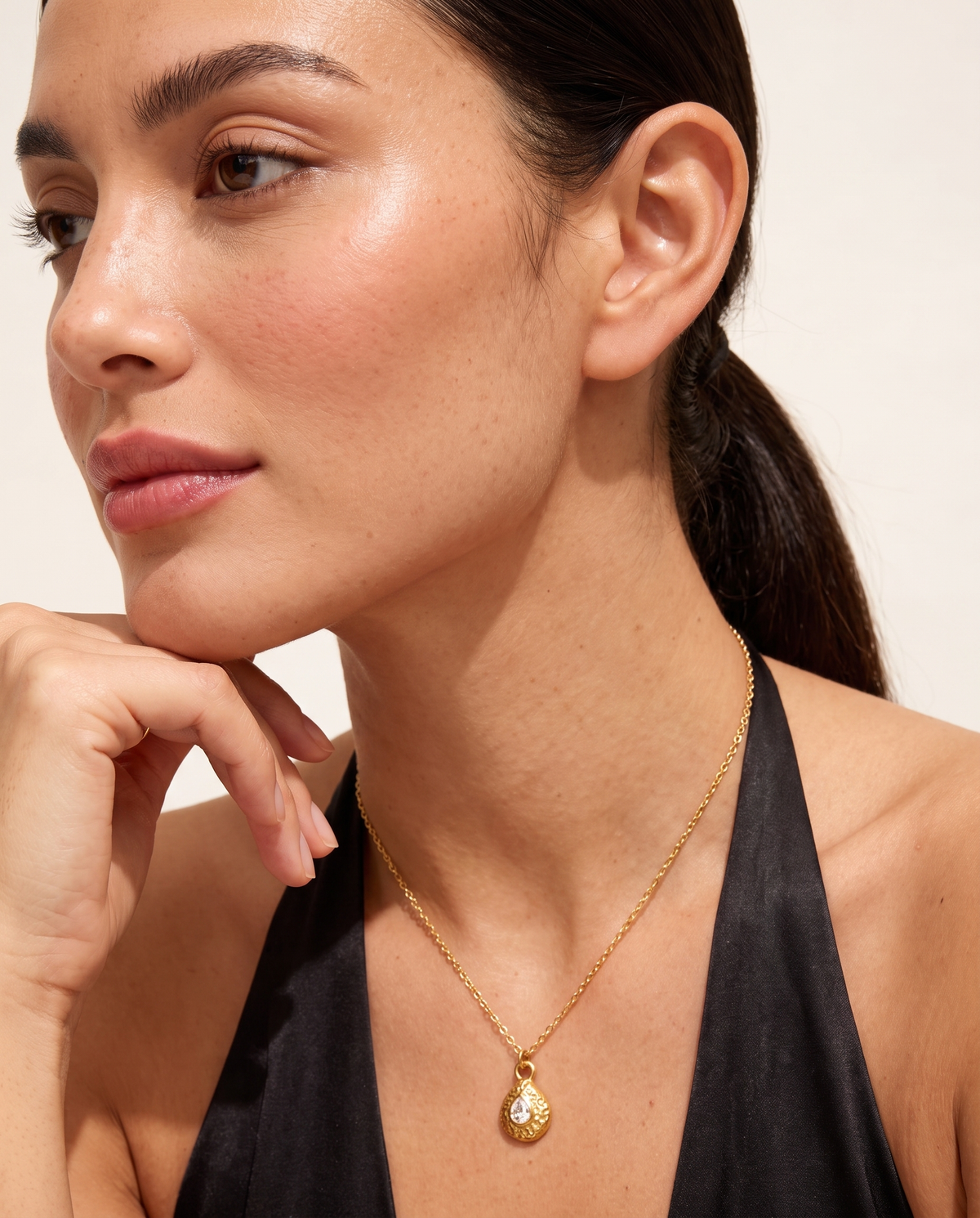 April diamond necklace worn on model second
