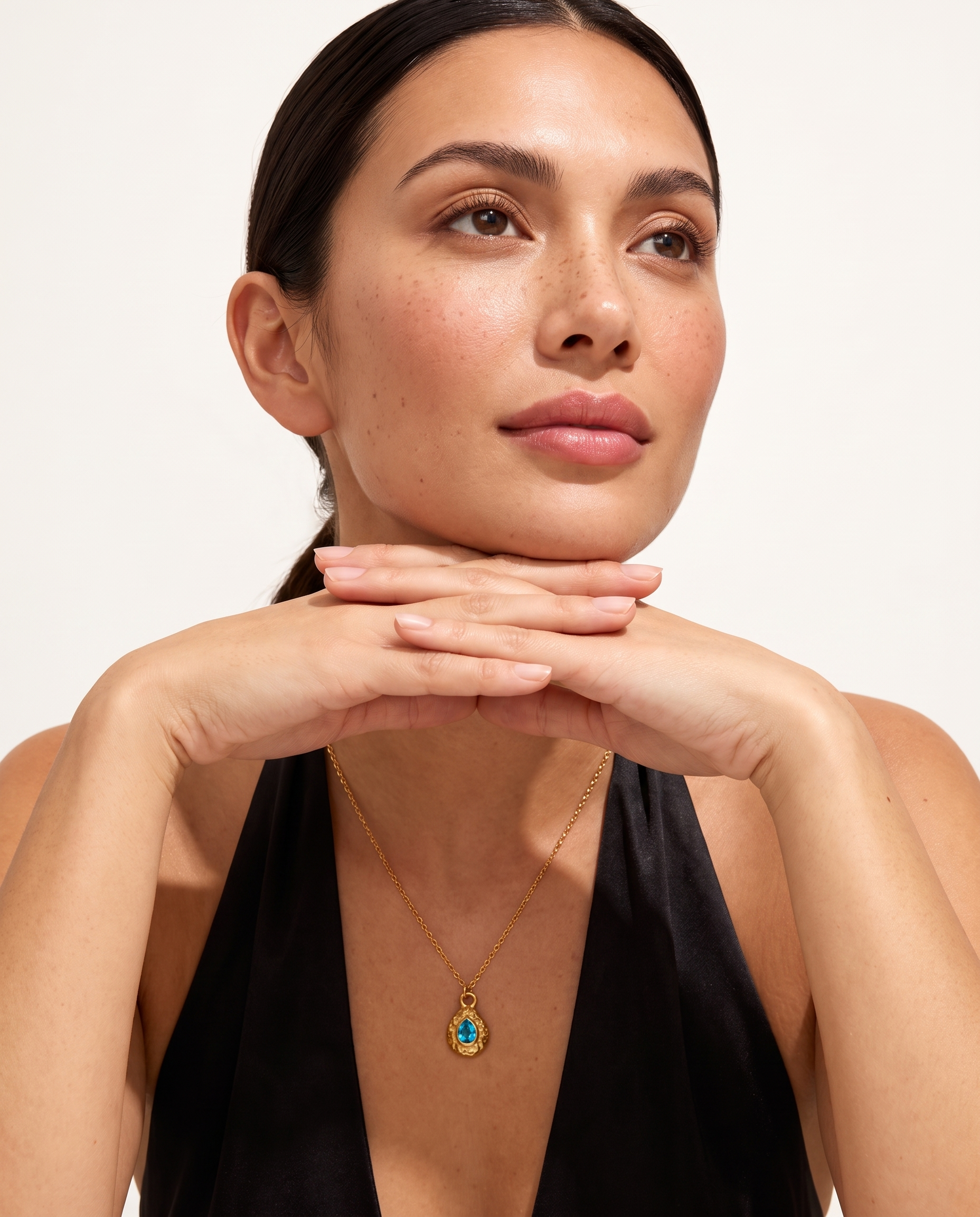 December turquoise necklace worn on model second