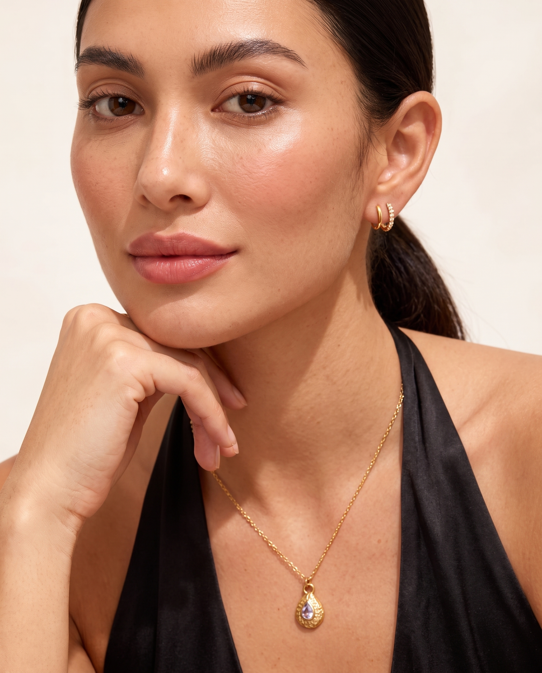 June lavender necklace worn on model second